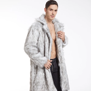 Detailed macro view of white-gray faux fur texture on long winter coat for men