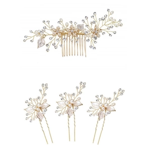 Handmade Bridal Wedding Hair Pin And Hair Comb Alloy Leaf Faux Artificial Pearl Rhinestone Floral Headpiece Accessory For Women