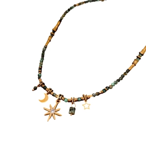 Bohemian titanium steel beaded necklace with celestial star, moon, and sun gold pendants