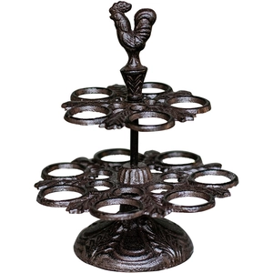 Porte-œufs vintage en fonte avec décor de coq et double niveau pour 18 œufs rustiques