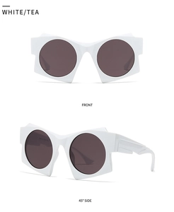 Front and side view of white geometric irregular sunglasses with tea tinted lenses