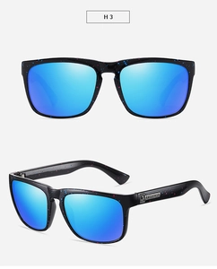 Detail of sports sunglasses with blue mirrored lenses and red-blue splatter frame
