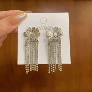 Detailed close-up of silver tassel earrings with crystal fringe and flower petals