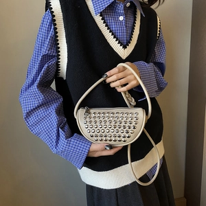 Chic beige moon-shaped PU leather crossbody bag with silver rivets and shoulder strap