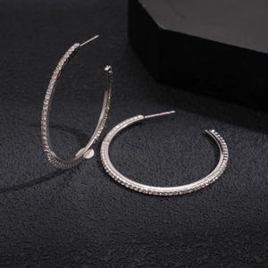 Detail of silver hoop earrings with pave-set white cubic zirconia on a dark display