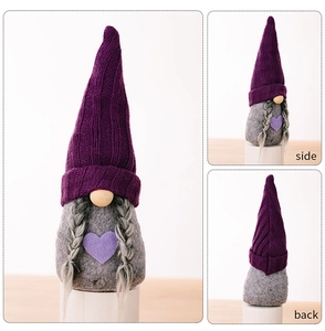 Detailed 360-degree view of purple knitted hat gnome with braids and heart accent