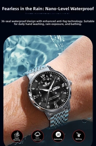 Men's silver quartz watch with black dial submerged in water showing waterproof feature