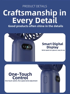 Close-up of blue handheld fan showing smart LED display and 5-speed wind control button.