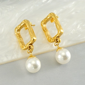 French Vintage Geometric Rectangular Hammered Gold Plated Stainless Steel Dangle Earrings With Round Artificial Pearl For Women