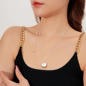 Détail du collier cœur brossé argenté avec une élégante chaîne serpent ajustable