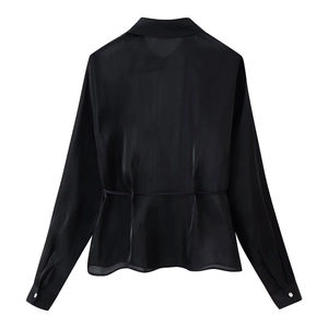 Back view of black semi-transparent long sleeve blouse with elegant waist-defining belt