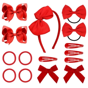 Detailed set of red ribbed bow hair clips and elastic headbands for children