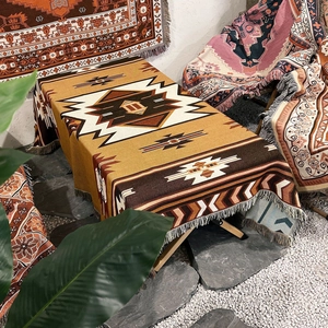 Macro detail of Bohemian woven blanket with ethnic geometric patterns and fringe edges