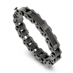 Industrial black stainless steel bicycle chain bracelet for men in a 45-degree top view