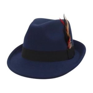 Detail of navy blue wool fedora featuring a wide black ribbon and natural feather accent