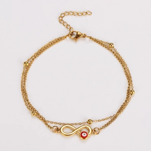 Double-layer gold chain bracelet with infinity symbol and red evil eye charm beads