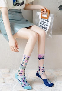 Detail of sheer glass silk socks featuring colorful geometric patterns and blue mesh