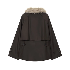 Women's dark brown waterproof parka with detachable faux fur collar and back pleat detail