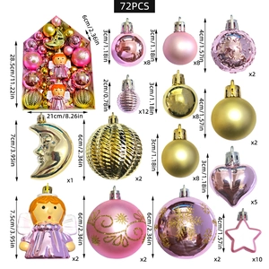 Tableau détaillé montrant 72 décorations de Noël roses et dorées avec dimensions
