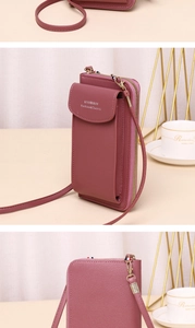 Detailed views of dusty rose PU leather phone bag with gold zipper and adjustable strap