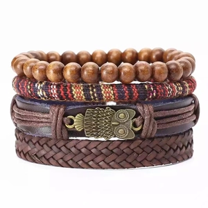 Multilayer leather bracelet set with brown wood beads and owl charm for men