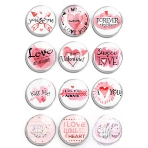 Set of 12 luminous round glass cabochons with watercolor Valentine love text patterns