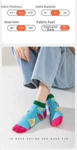 Close-up of blue cotton boat sock with watermelon pattern and soft fabric texture details