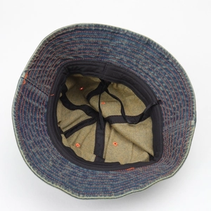 Japanese vintage washed denim bucket hat with contrast orange stitching and sun protection