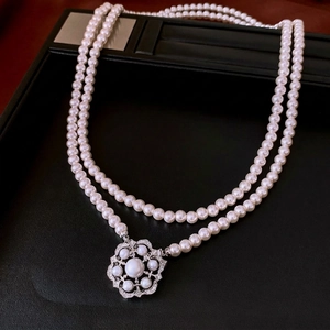 Layered Necklace Imitation Artificial Pearl Copper Zircon Hollow Snowflake Floral Pendant Vintage Elegant Jewelry For Women