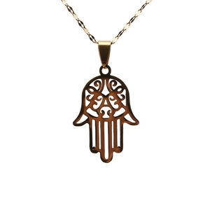 Gold Hamsa hand pendant necklace in stainless steel with hollow design on white background