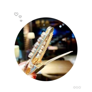 Detailed shot of gold alligator hair clip featuring double rows of sparkling rhinestones