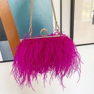Detailed shot of fuchsia feather evening clutch with gold metal frame and crystal ring buckle