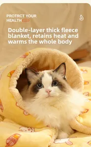 Gatto Ragdoll in una calda coperta di flanella gialla con conigli e carote