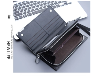 Detail view of black lychee grain leather wallet with multi-card slots and zipper pocket