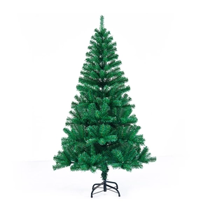 Artificial green Christmas tree with dense needles and stable black metal base on white background