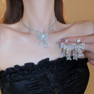 Elegant sparkling rhinestone bowknot necklace and earrings jewelry set for women