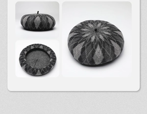 Detailed views of grey and black argyle wool beret showing knit texture and pattern