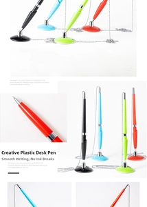 Macro detail of fixed plastic desk pens with metal chains in four different colors