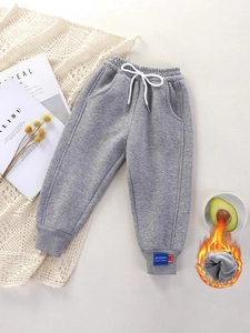 Kids grey fleece joggers with elastic waist and drawstring for autumn winter comfort
