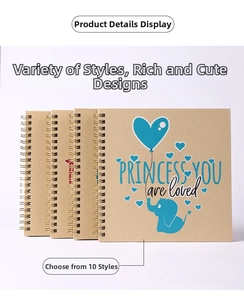 Detail of 6-inch square cartoon scrapbook with metal spiral binding and kraft cover