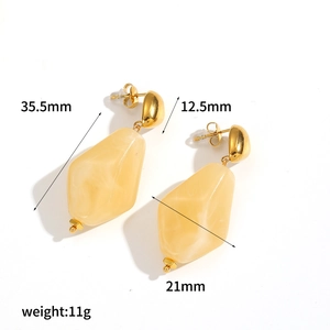 Detailed view of geometric resin earrings showing size 35.5mm and weight 11g specs