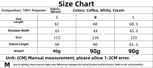 Detailed size chart for women's polyester casual shirt with specific measurements