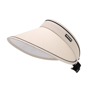 Beige wide brim open top sun hat with black trim and adjustable strap for UV protection