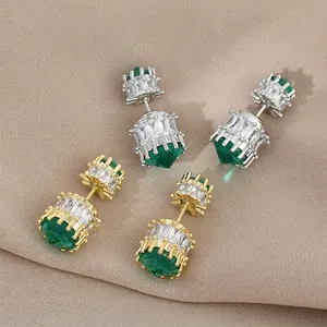 Elegant Emerald Green Stone Geometric Two-Way Wear Stud Earrings With 925 Sterling Silver Earring Post Copper Rhinestone Jewelry