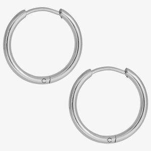 Close-up of classic 304 stainless steel silver hoop earrings on a light gray background