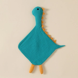 Teal dinosaur baby security blanket made of soft cotton fabric for infants