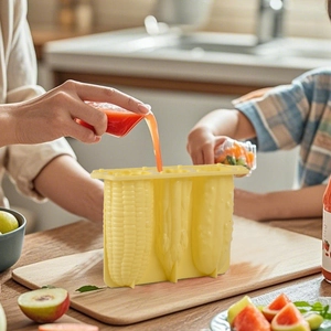 Stampo in silicone giallo a 3 cavità a forma di mais riempito con succo di frutta