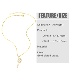 Detailed view of tennis racket pendant necklace with gold plated brass and zircon stones