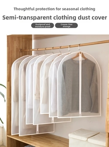 Close-up of translucent PEVA hanging garment bag with zipper for closet storage