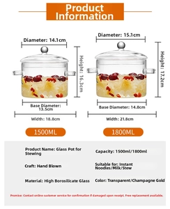 Size chart for borosilicate glass pots with 1500ml and 1800ml capacity specifications
